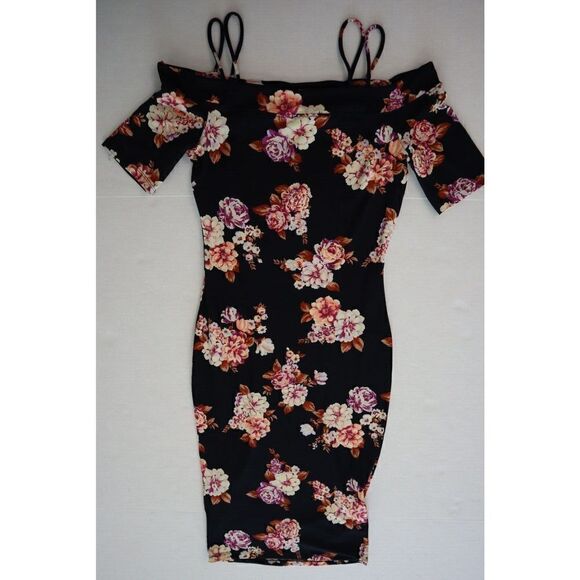 Haute Monde Women's Sz Small Black Floral Cold Shoulder Sheath Midi Dress - Picture 5 of 6